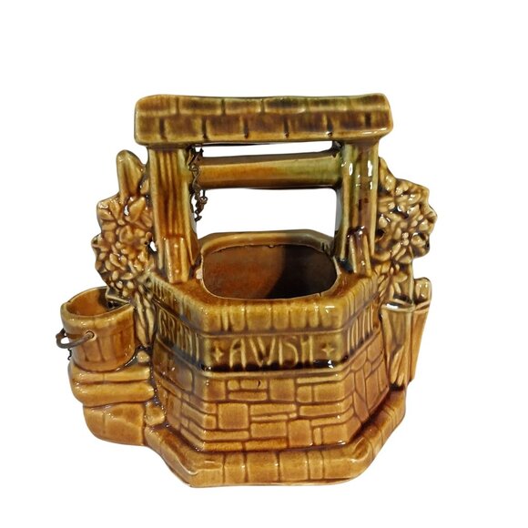 McCoy Wishing Well Planter Brown Glaze With Bucket & Chain Decor - Picture 2 of 8